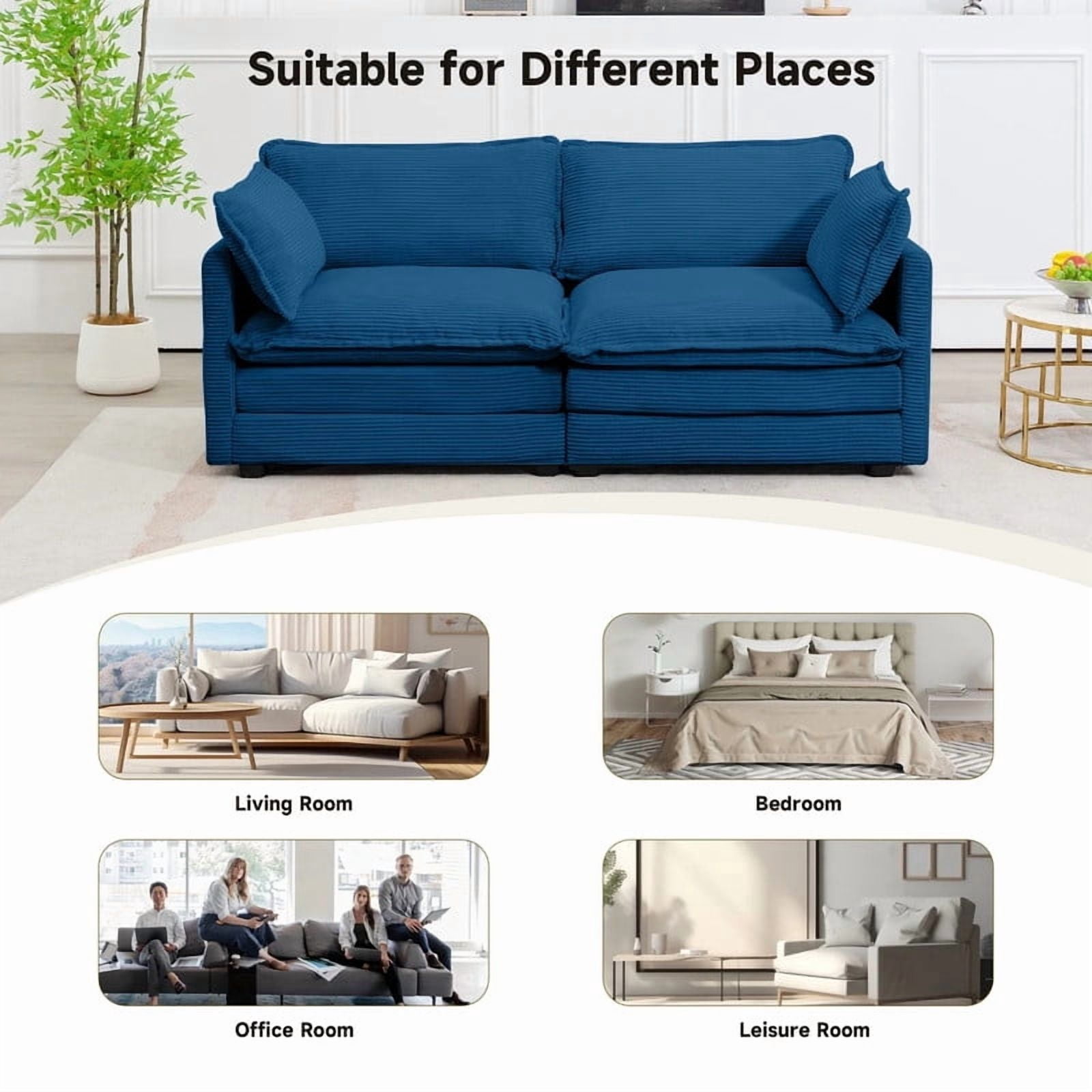 RIAFUN 2-Seat Cloud Loveseat, 78" Oversized Corduroy Modular Sofa, Convertible Deep Seat Couch with Removable Cushions & Pillows, Sturdy Wooden Frame for Living Room, Navy