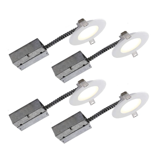 Bazz SLMRD4W4 4-Inch Slim Round LED Recessed Light Kit with Goose Cable, 4-Pack, Easy Install, Dimmable, Damp Rated, Matte White, 750lm, 80+ CRI, 11W