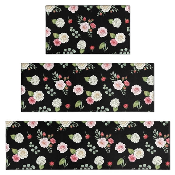 Pioneer Flower Floral Print Pattern Kitchen Rugs Sets Of 3,Kitchen Runner Rugs Non Skid Washable,Decorative Kitchen Floor Mats for Kitchen,Sink,Laundry,17X30 Inch 17X47 Inch 17X59 Inch