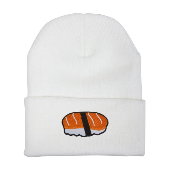 Salmon Nigiri Sushi Roll Patch Cuffed Beanie - White