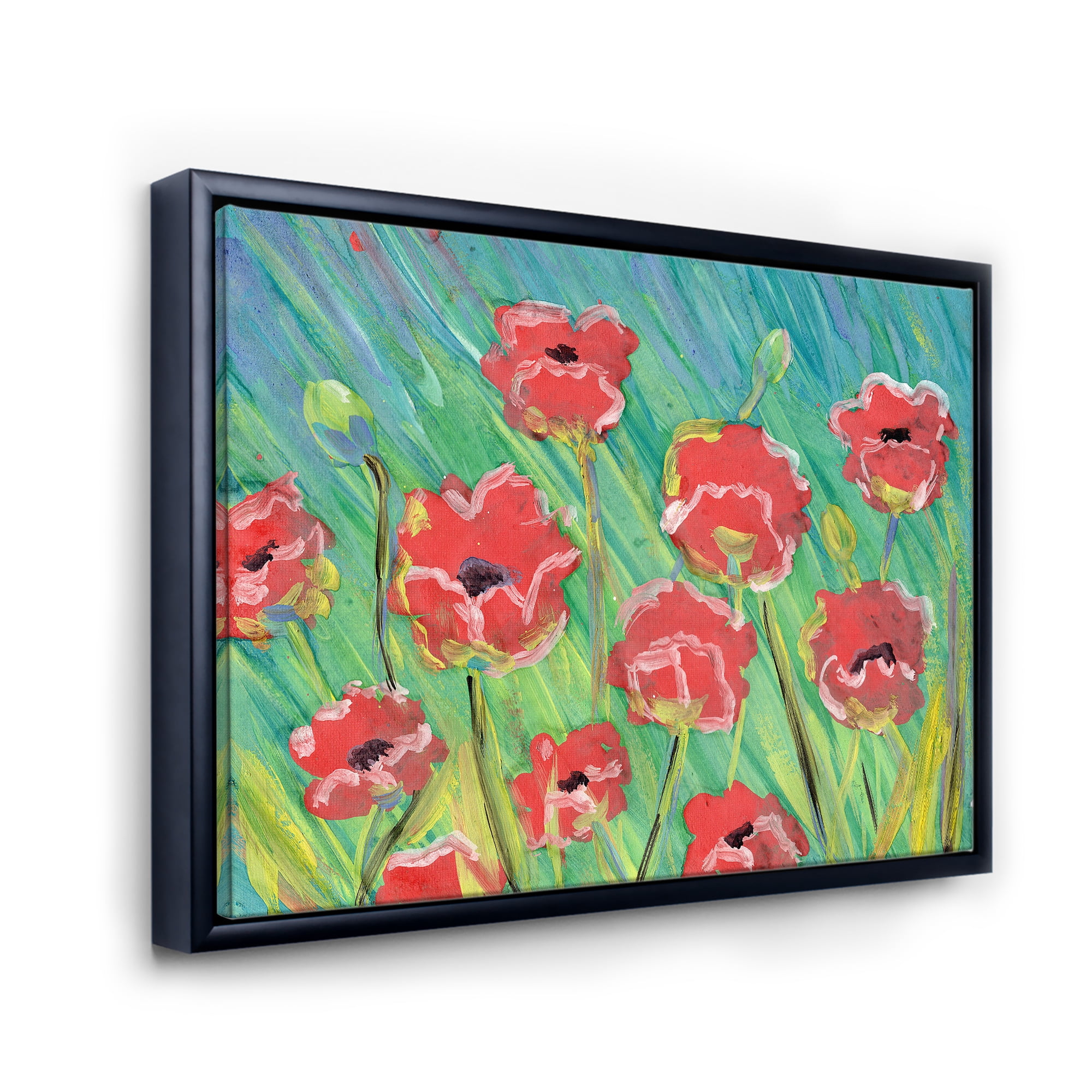Designart 'Gouache Of Blooming Red Poppies' Traditional Framed Canvas Wall Art Print