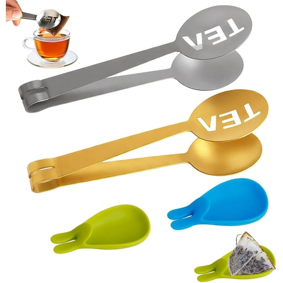 2 PCS Tea Bag Squeezer Tongs with 2 PCS Tea Bag Holder, Stainless Steel Teabag Squeezer Filter Strainer Gripper Picker Clip Spoon for Loose-tea Ice Cubes Tea-lovers Kitchen Home