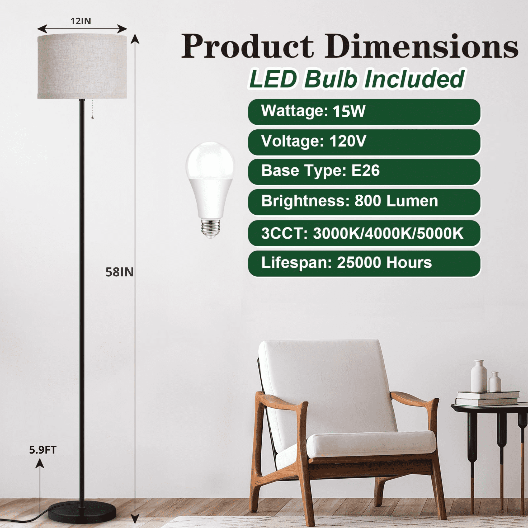 HadinEEon Floor Lamp for Living Room, Modern Standing Lamp Tall with Pull Chain Switch