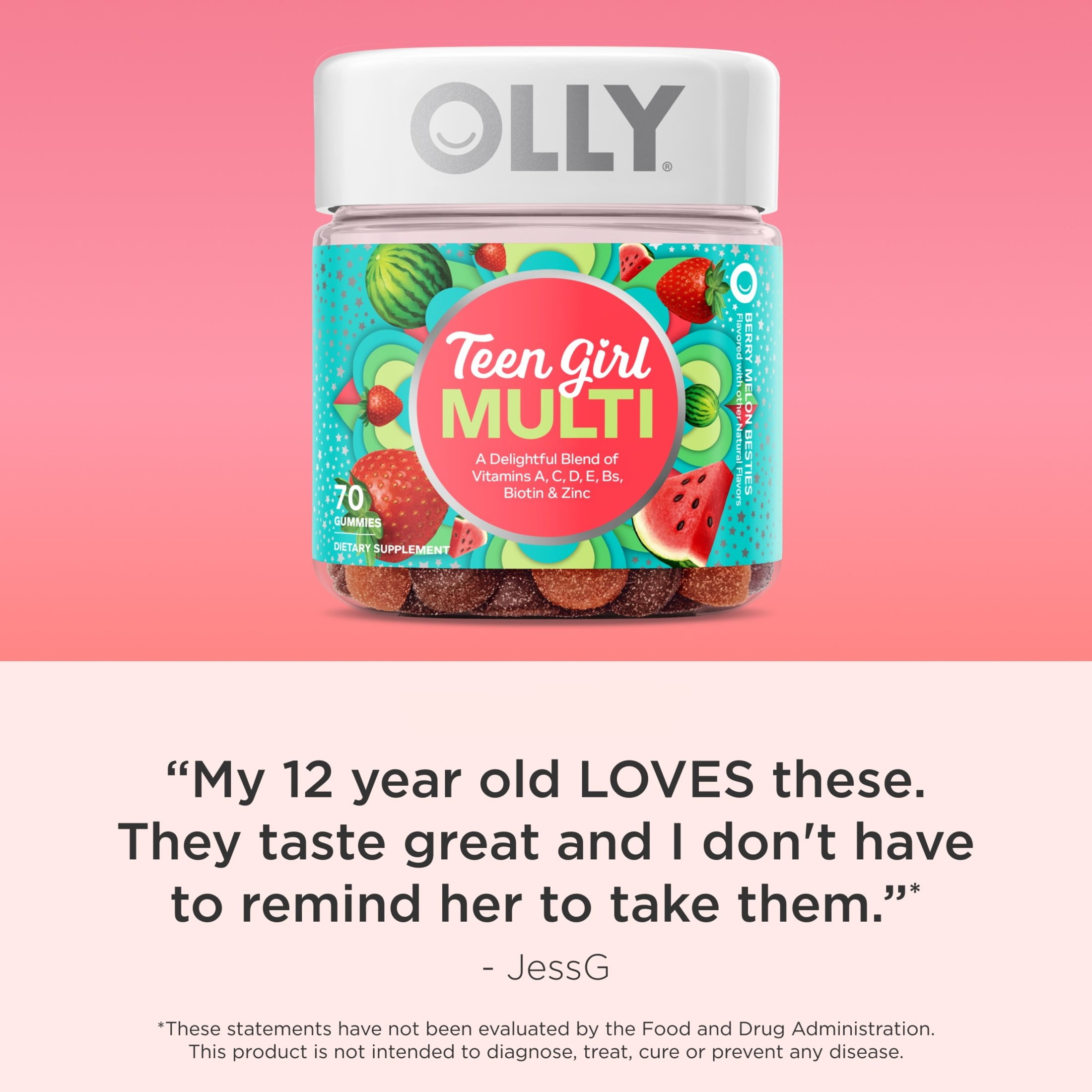 OLLY Teen Girl Multivitamin Gummy, Wellness Support, Strawberry Melon Flavored, 70 Count