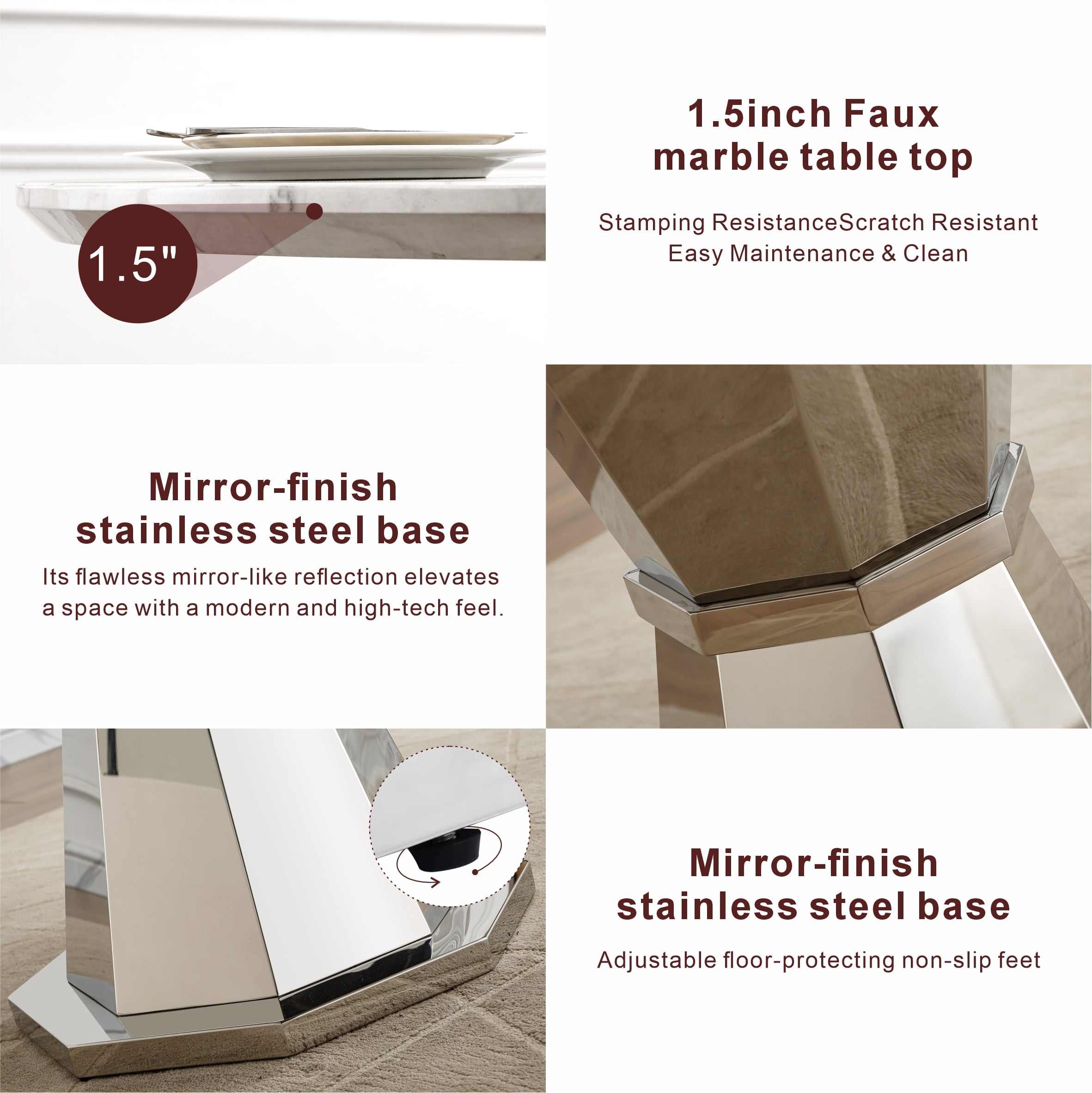 Shikeyi 47" Round Marble Dining Table for 4-6, Luxury Modern Kitchen Table with Marble Grain MDF Tabletop & Silver Mirrored Stainless Steel Pedestal Base for Dining Room, White (Table Only)