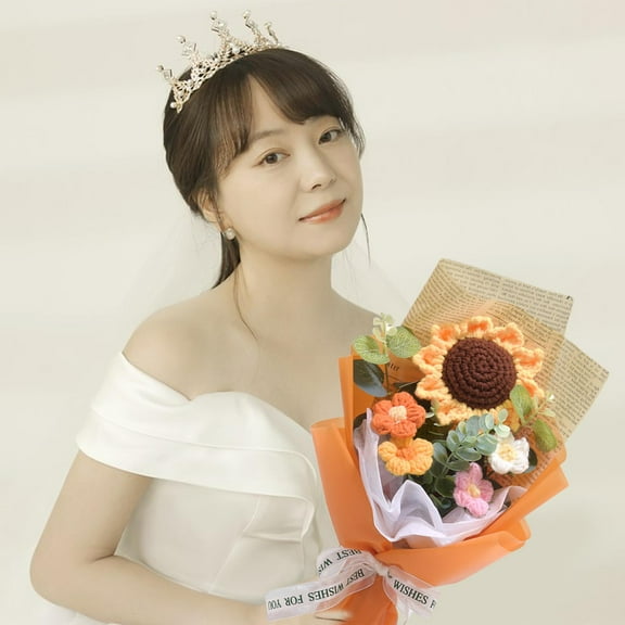 balikha 10.2inch Crochet Gift Bouquet Eternal Blessing Decorative Handmade Flowers for Floral Arrangements Multifunctional Orange Paper