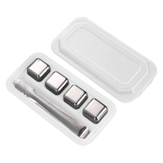 Cubitos de hielo de acero inoxidable, piedras para whisky con bandeja, piedras para enfriar jugo de vino, para bebidas de whisky, café y otras bebidas 4 Plata con Clip