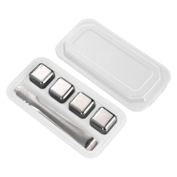 Cubos de hielo de acero inoxidable para enfriar, cubos de whisky en caja de almacenamiento, rocas para bebidas, rocas para whisky para café, cerveza, 4 Plata con Clip