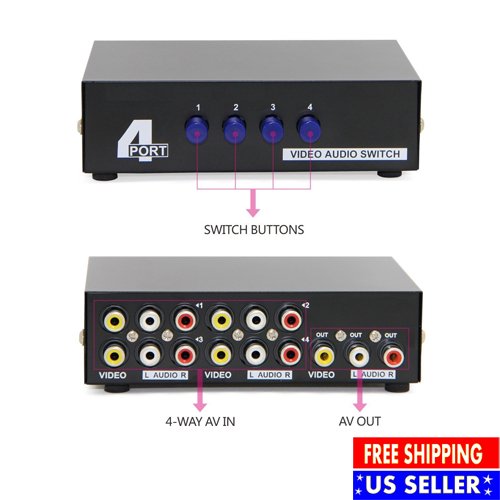 MTVIKI 4 Way AV Switch Audio Video RCA Switcher 4 In 1 Out Composite