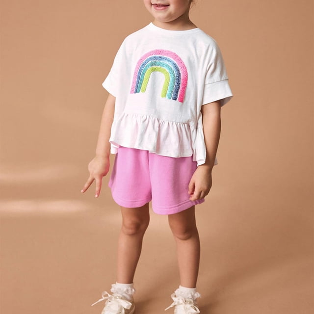 Odeerbi 2-8 Años Niñas Trajes de Verano Volantes Camisetas de Manga Corta de Algodón Pantalones Cortos Conjunto de Dos Piezas Suelto