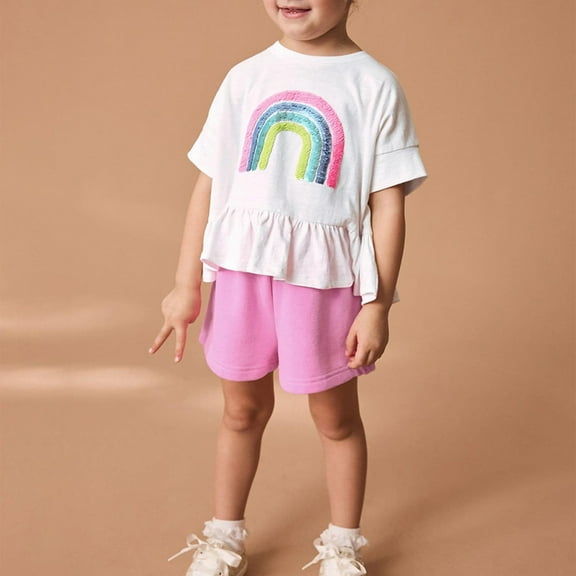 DAETIROS Girls Outfit Sets-Soft Cotton Fashion Graphic Ruffled Short Sleeve Top and Shorts Girls Summer Clothes Pink Size 3M-7