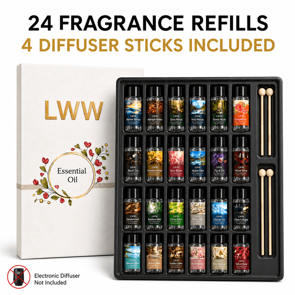 LWW Car Air Freshener Fragrance Refills, 24 Pack, 10 mL Each, 24 Scents with 4 Diffuser Sticks, for Car, Home & Office
