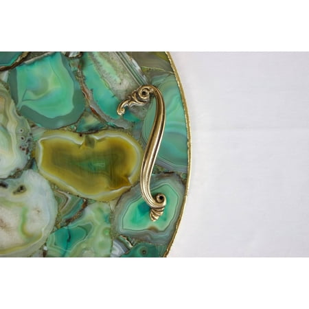 

Green Agate Serving Tray With Brass Handles | Circular