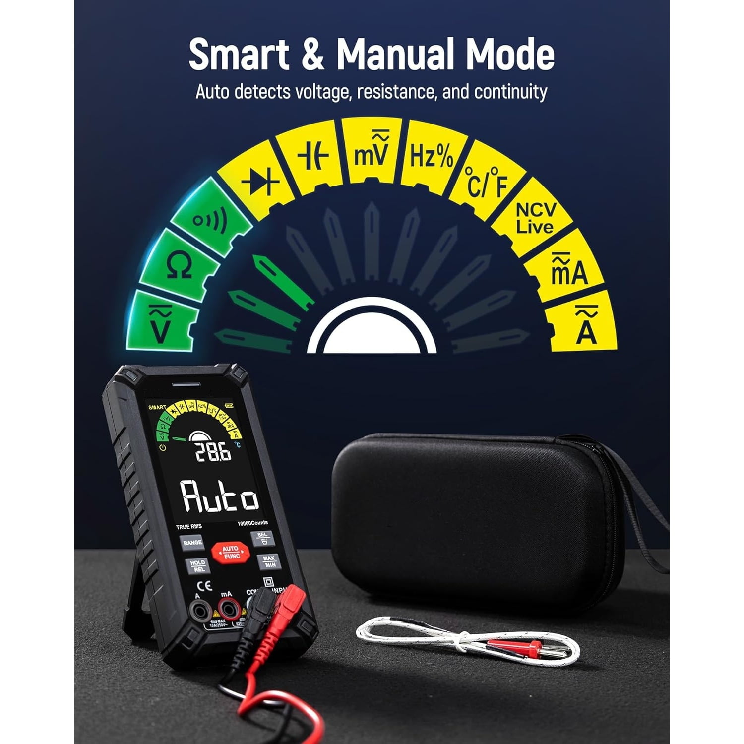 Digital Multimeter 10000 Counts TRMS Auto Ranging, Rechargeable Smart Multimeter, Color LCD Screen Volt Meter, Measures Voltage, Current, Resistance, Continuity, Capacitance, Frequency