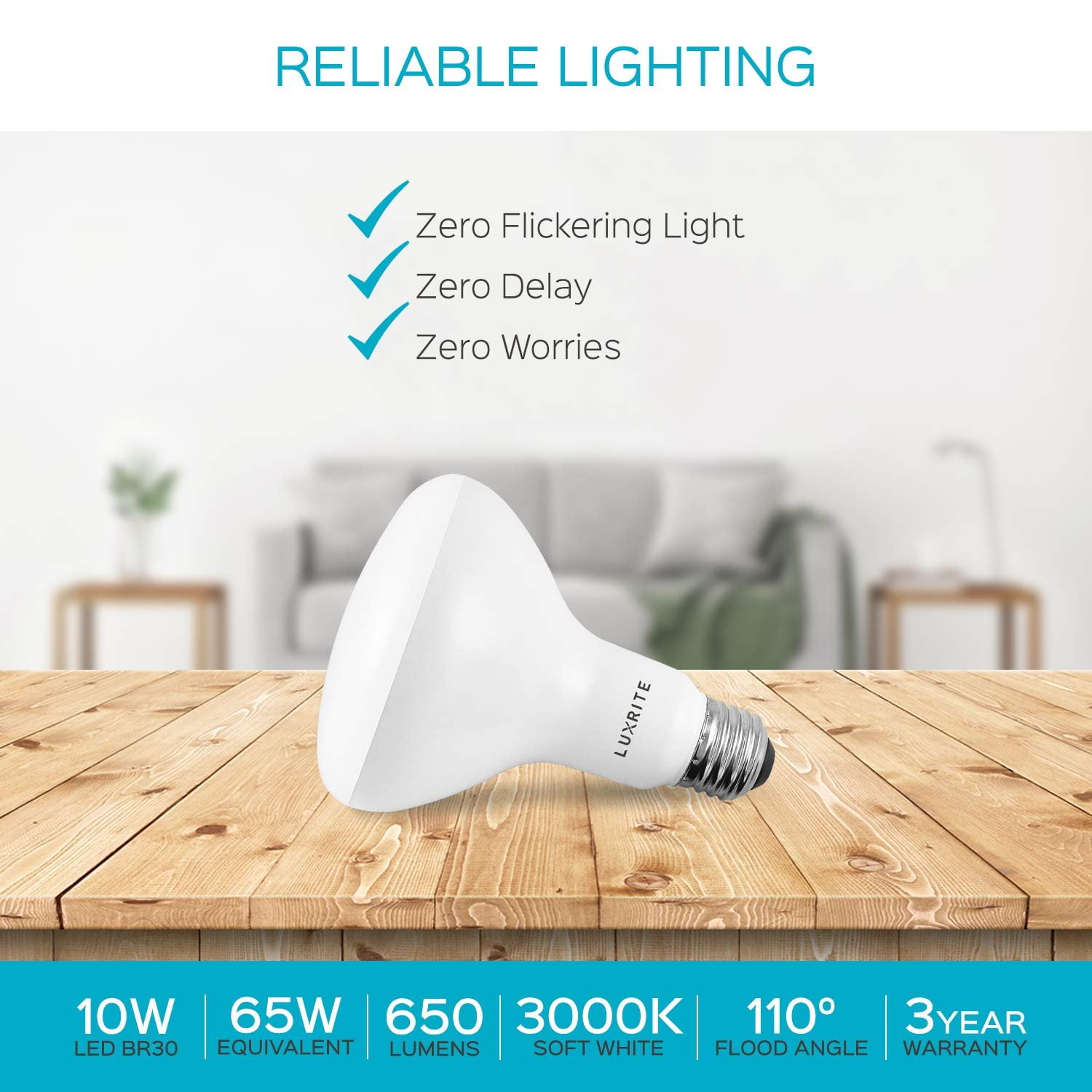 Luxrite BR30 Dimmable LED Light Bulb, 9W 65W Equivalent 3000K Soft White, 650 Lumens, E26, 6-Pack