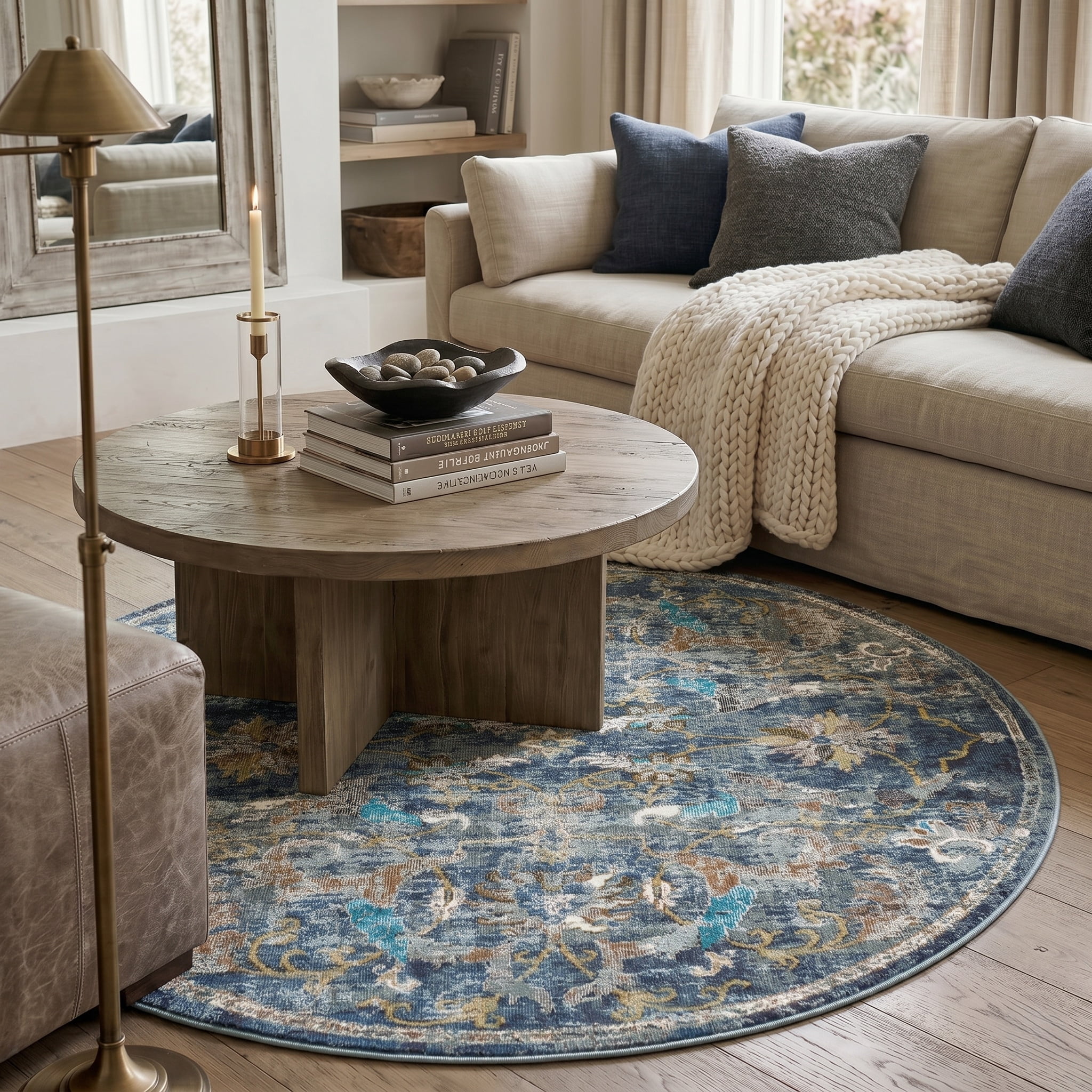 Ox Bay Ada 5'3" Round Navy Blue Floral Durable Indoor Area Rug