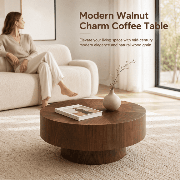 Walnut Round Coffee Table for Living Room, 31.5 in Pedestal Base