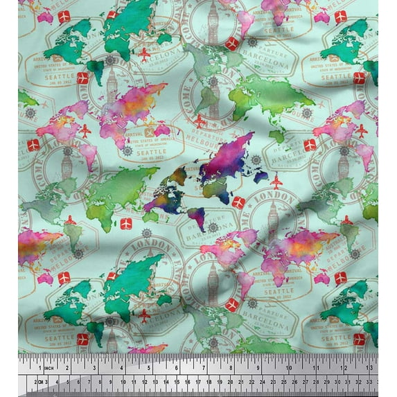 Soimoi Green Heavy Satin Fabric Stamp & World Map Print Fabric by the Yard 54 Inch Wide