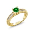 thumbnail image 2 of Gem Stone King 18K Yellow Gold Plated Silver Green Created Emerald and White Created Sapphire Women's Solitaire Ring with Accent Stones (0.99 Cttw, Round Shape 5MM, Size 6), 2 of 4