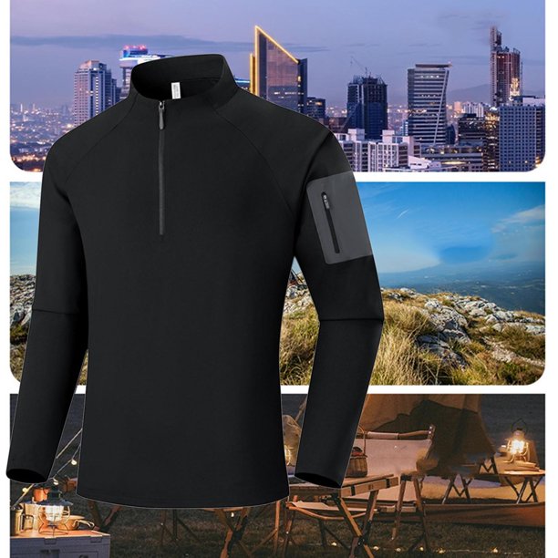 Blusa y camisa de manga larga con cuello alto para hombre, informal, a la moda, de color liso, con media cremallera, de manga larga, para correr, fitness, ejercicio al aire libre, blusa de poliéster p