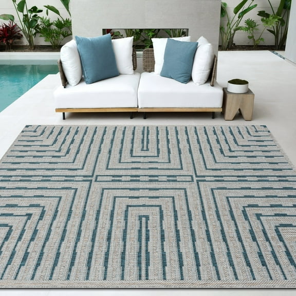 HR Waterproof Geometric Striped Outdoor Rug: Stain/Fade-Resistant Blue/Gray and Multicolor