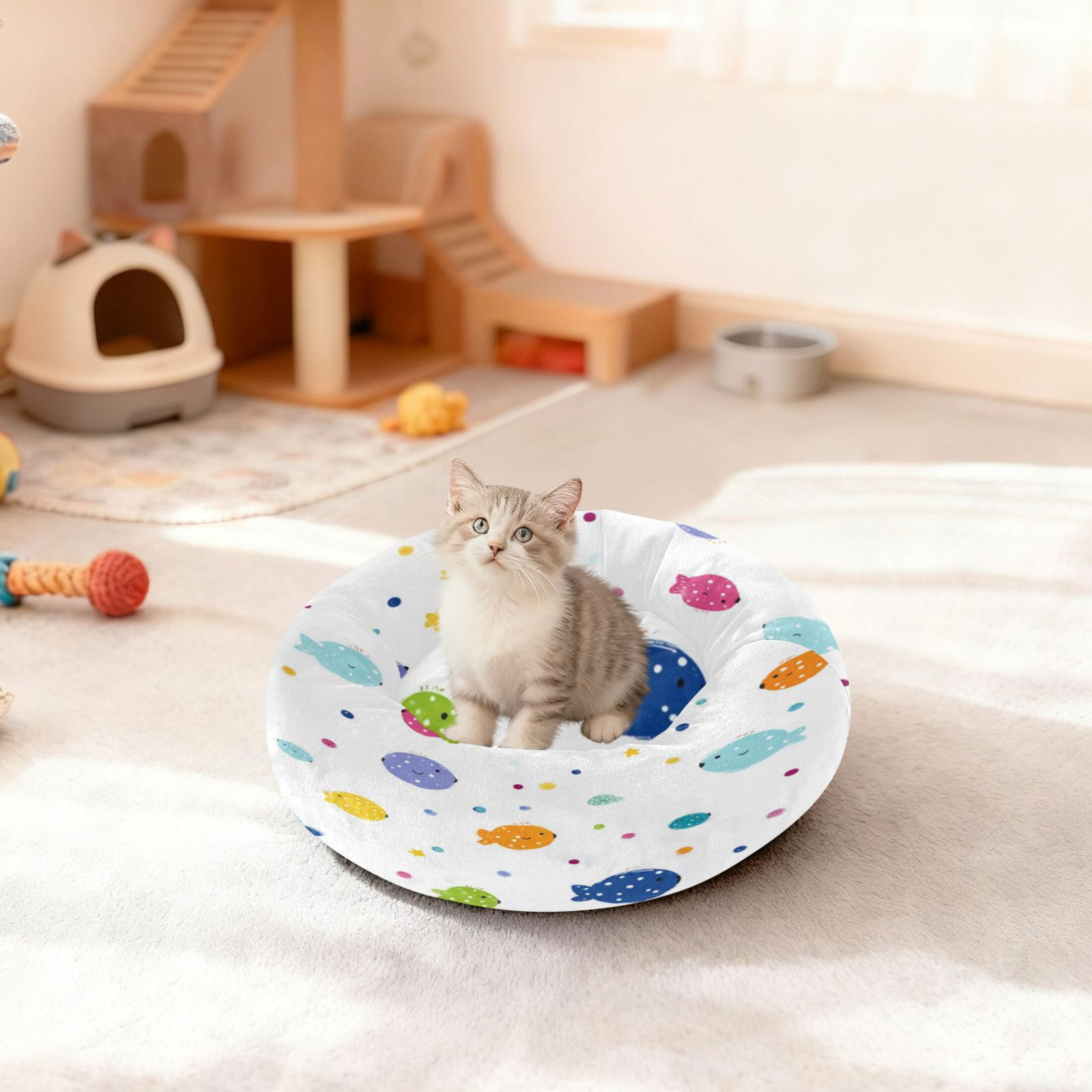Iauyy Pet Couch Donut Cat Bed for Indoor Cats/Small Dogs Washable & Machine with Non-slip Bottom Calming Cat Furniture, Cute Little Fish (M)