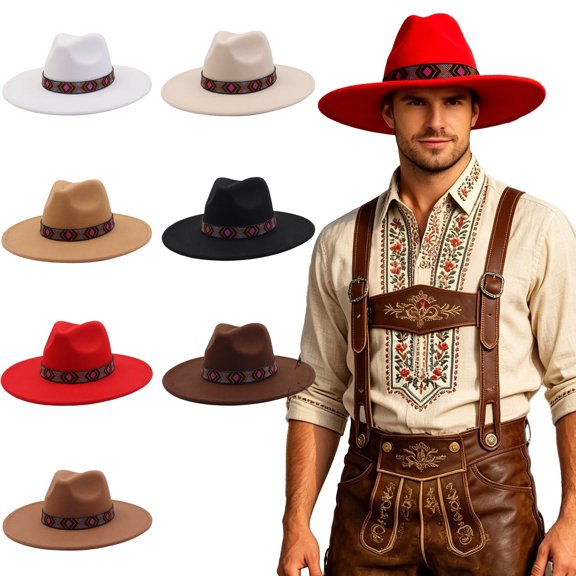 Rvusndi Cowboy Hat,Cowboy Hat Men Women Wide Brim Western Boho Jazz Hat Summer Beach Hat Lightweight Fedora Sun Hat for Vacation Beach Octoberfest