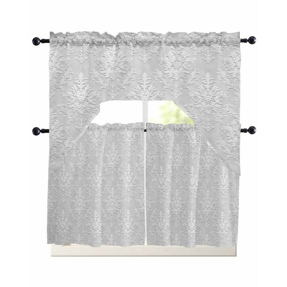 Gray Boho Kitchen Curtains Swag Valance and Tier Curtains Set 36 Inch Length, Ethnic Vintage Abstract Floral Pattern Art Rod Pocket Drape Panels Pair Swag Curtain for Bathroom/Cafe/Window