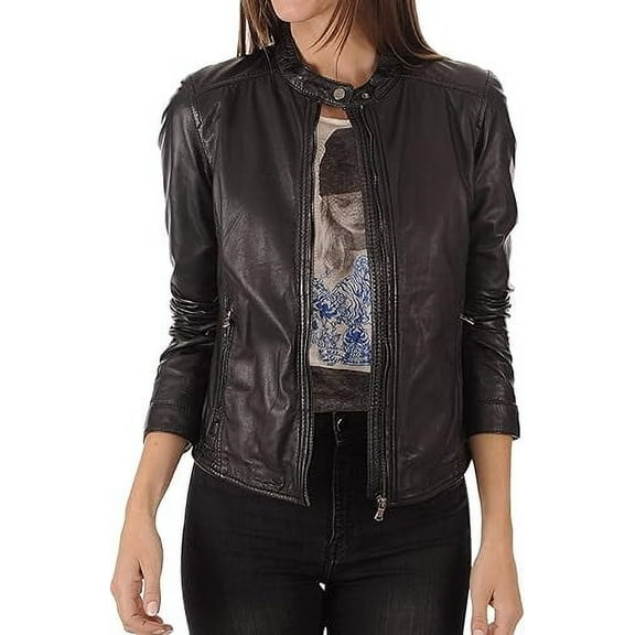 New Women Genuine Black Lambskin Real Leather Jacket Ladies Slim Fit Biker Coat W512