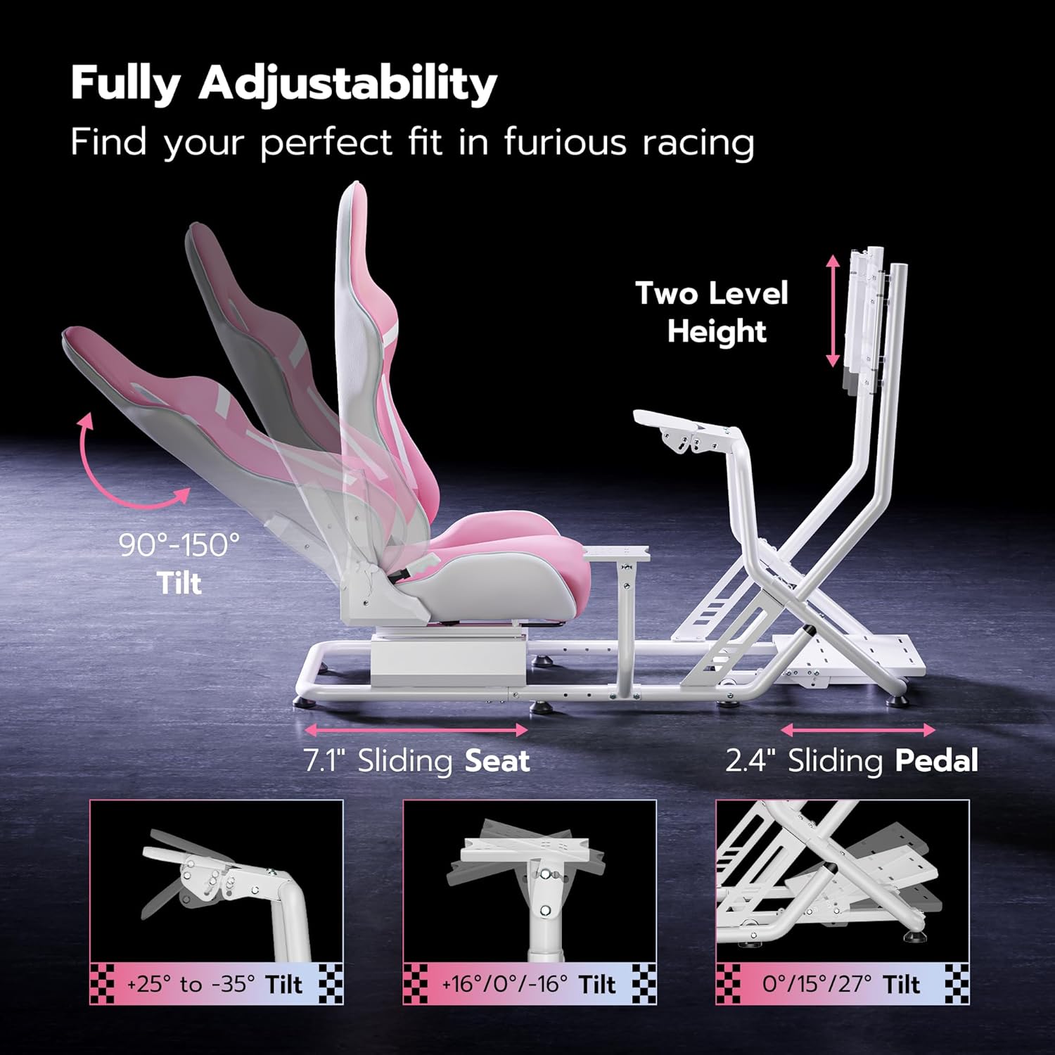 ARES WING Racing Simulator Cockpit with Seat and Monitor Mount, Adjustable Sim Racing Cockpit Compatible with Logitech, Thrustmaster, Fanatec, Moza, for PS5, PS4, Xbox and PC, Pink