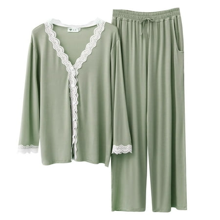 

Phenas Womens Modal Pajamas Set Lace V Neck Long Sleeve Sleepwear Button Down Nightwear with Long Pants