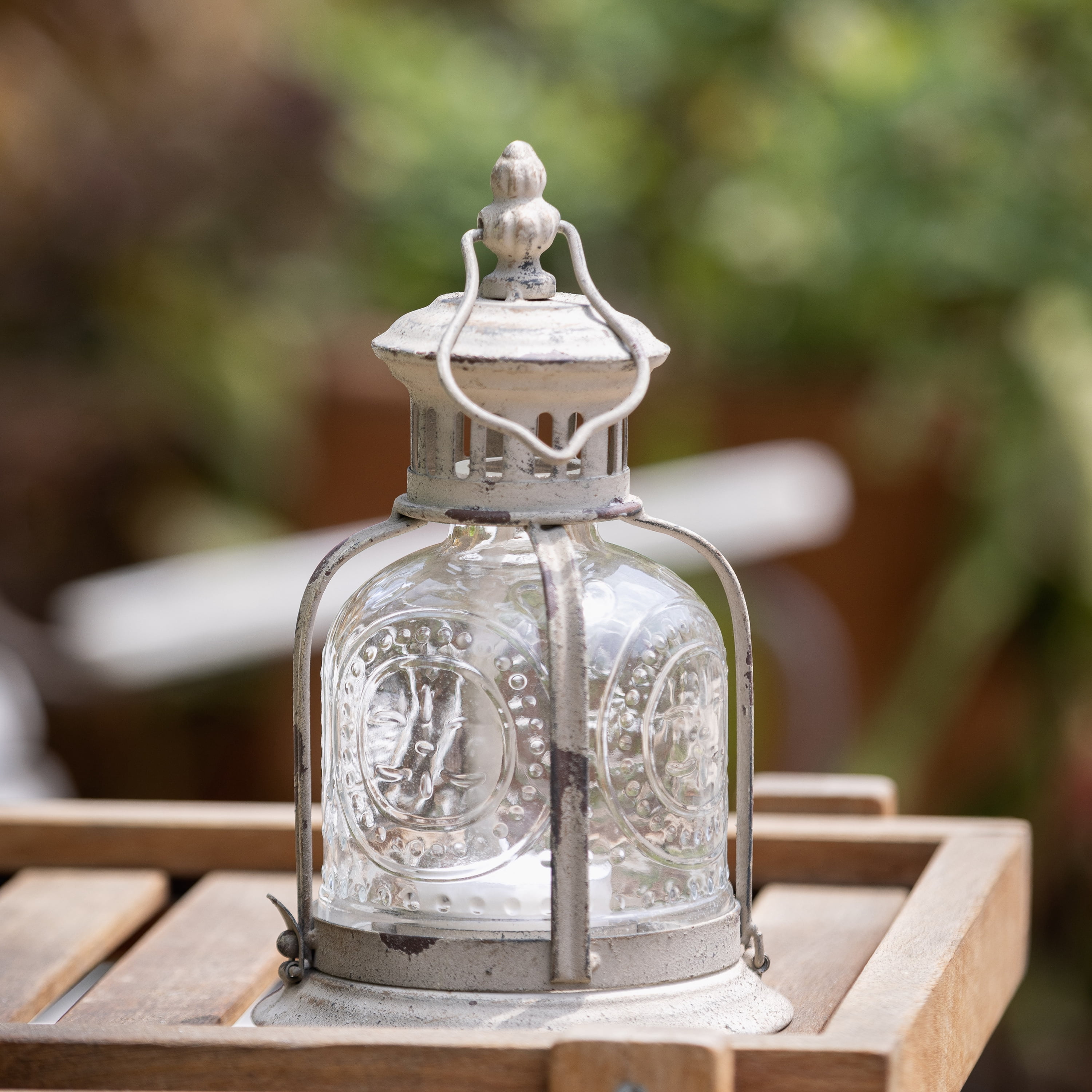 Stonebriar Indoor and Outdoor 10" Vintage Metal and Glass Candle Lantern, Off-White