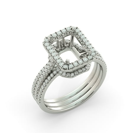 Emerald Semi Mount Ring - Emerald Bridal Set Semi Mount w 2 Bands Engagement Ring Diamond 18k White Gold