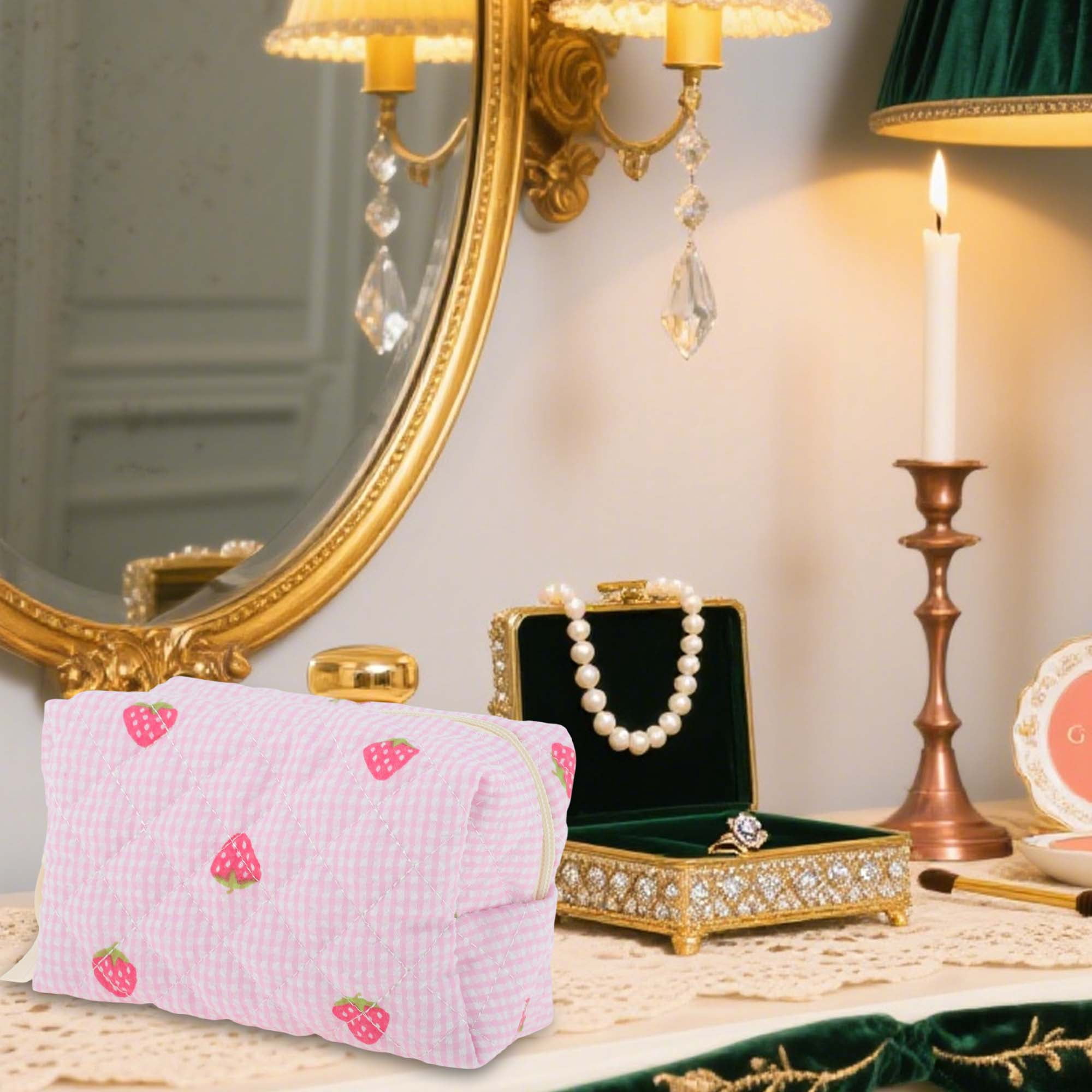 Unique Bargains 1 Pc Strawberry Makeup Bag Pink [Quilted Stripe Strawberry Square]