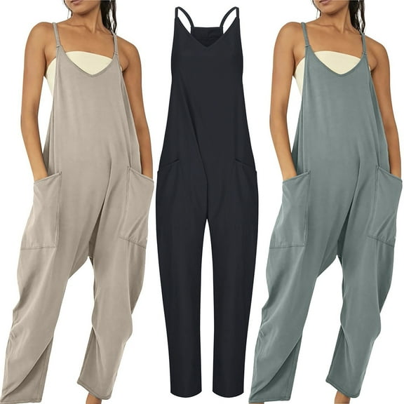 Patlollav Womens Cold Shoulder Jumpsuit Solid Suspender Jumpsuits Wide Pocket Leg Pants