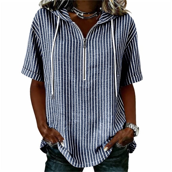 hoksml Women's Vertical Stripe Half Zip Hooded Short Sleeve Top, Roll Cuff Loose Fit Casual Tunic Blouse for Daily Vacation Wear