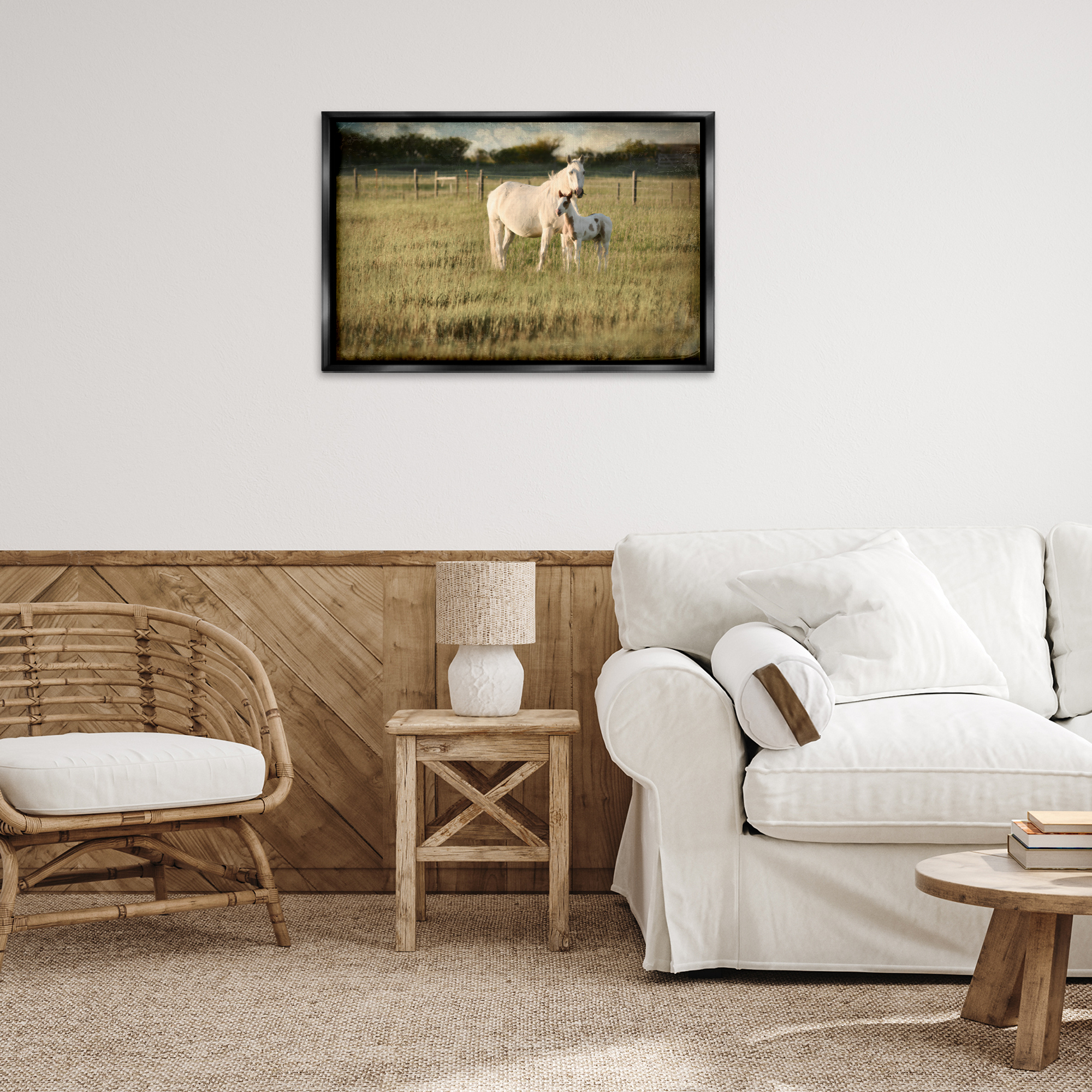 Stupell Industries Rural Horse and Foal Landscape Photography Black Floater Framed Canvas Art Print Wall Art, 31 x 21