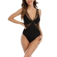 thumbnail image 3 of Traje de baño para mujer, 1 pieza, cuello en V, malla, empalme hueco, almohadilla de sujetador extraíble, fuerte elasticidad, breve traje de baño, traje de baño negro L, 3 of 6