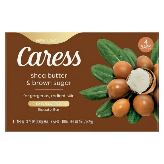 Caress Bar Soap Shea Butter & Brown Sugar for Dry Skin 3.75 oz 4 Bars