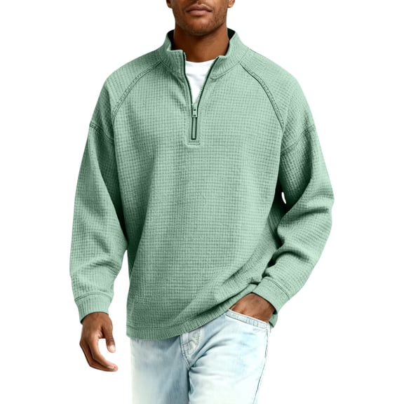 Qwertyu Men Quarter Zip Pullover Waffle Shirts Casual Stand Collar Thermal Long Sleeve Sweatshirt 1/4 Zipper Winter Warm Polo Shirts Light Green 3XL