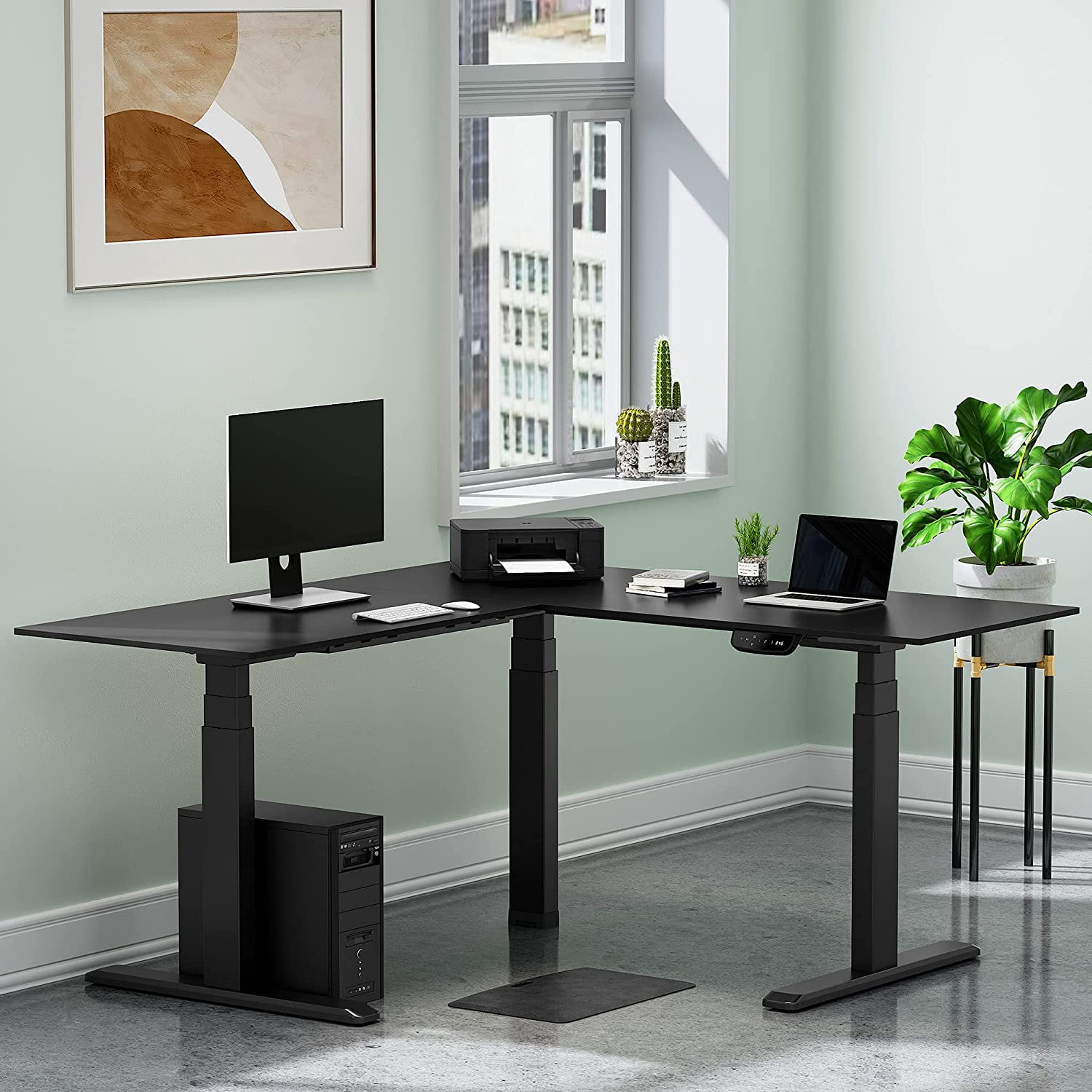 Stand Steady Tranzendesk Power | Extra Large 71" Electric L-Shaped Standing Desk | Giant Corner Stand Up Desk & Sit Stand Workstation |  Ergonomic Computer Desk Fits 4 Monitors (Black / 71")