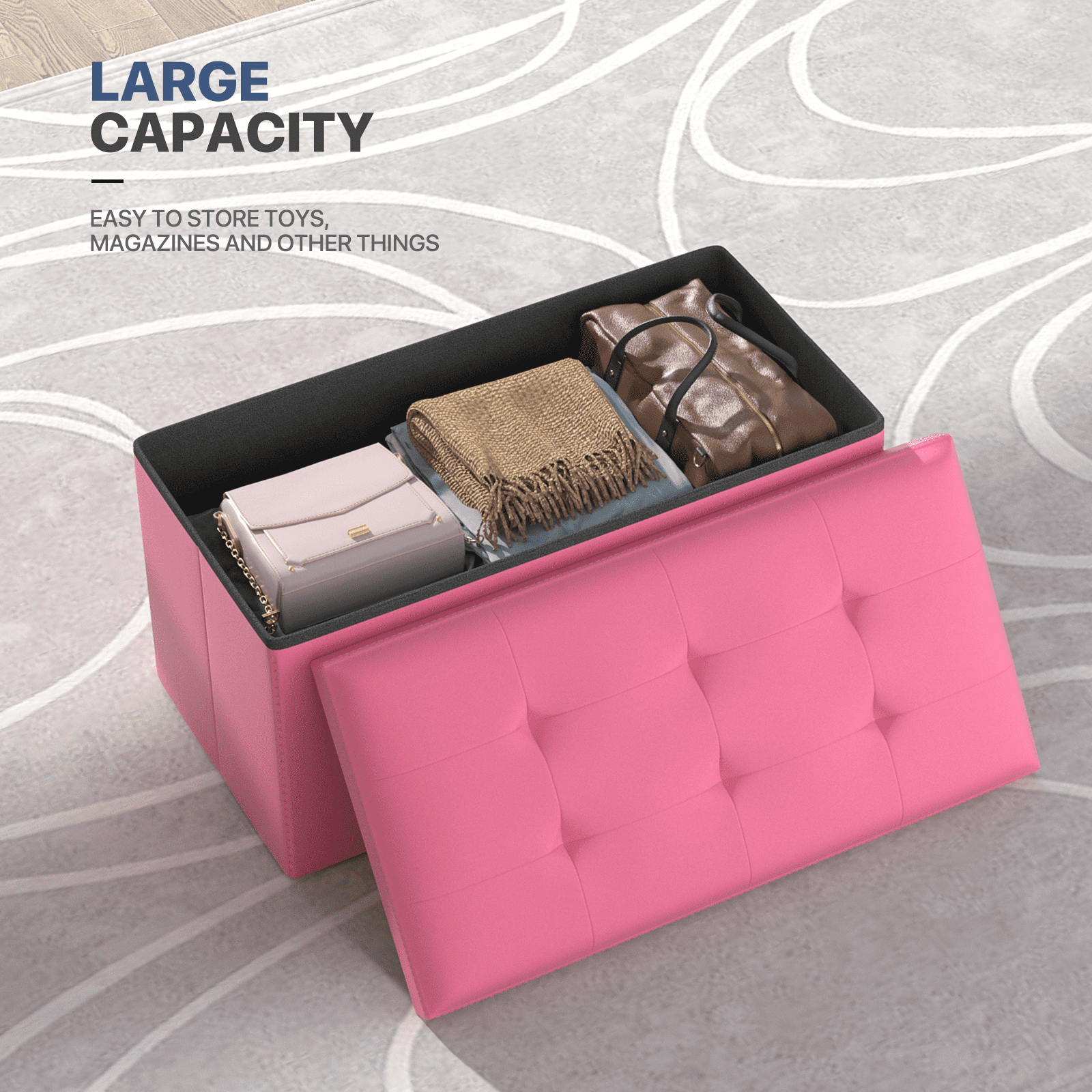 MoNiBloom 30" Folding Storage Ottoman Bench, PU Leather Collapsible Footrest Ottoman with Storage, for Living Room Bedroom Entryway, Dark Pink