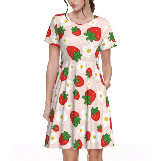 Balery Strawberry Floral Vestidos sueltos de manga corta para mujer, vestidos de verano 2025, vestidos casuales de corte A con vuelo.