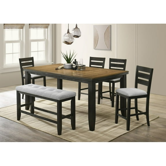 Counter Height 6pc Dining Room Set Extendable 18" Leaf Table Upholstered Chair Bench Wooden Furniture