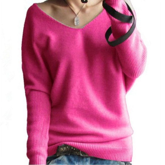 Women Cashmere Sweaters V-neck Pullover Loose Knitting Top for Spring Autumn(Black XL)