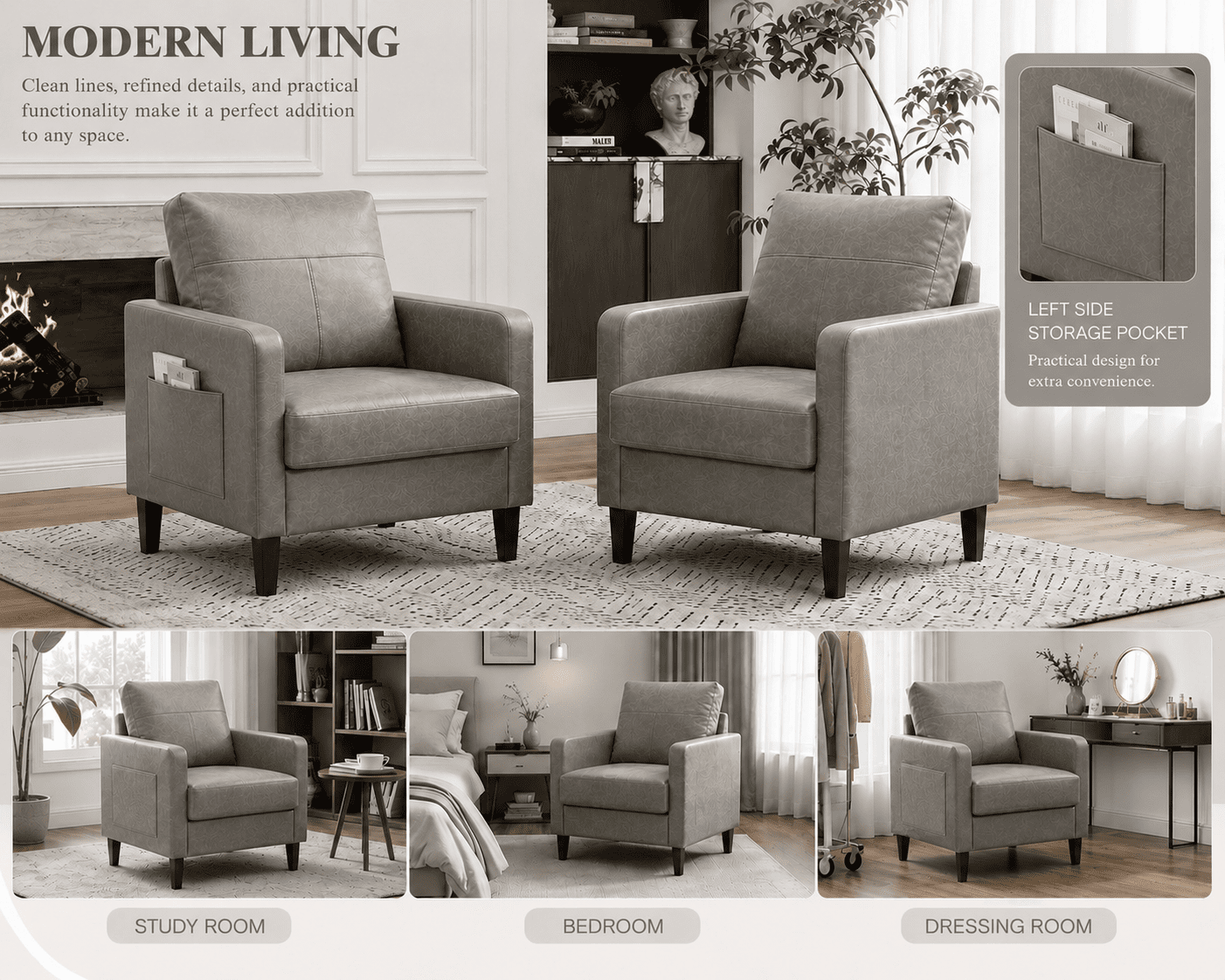 MOONMISS Modern Accent Chair Set of 2,PU Leather Single Sofa with Wood Legs,Reading Armchair for Living Room,Bedroom,Office,Gray