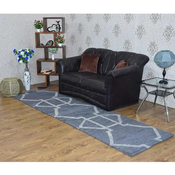 HAND KNOTTED WOOL GEOMETRIC MODERN AREA RUGS - 2'6''x10', Runner Shape, Dark Gray White Color, Classic Traditional Design, Low Pile Handmade Area Rugs for Living Room, Bed Room (N00942)