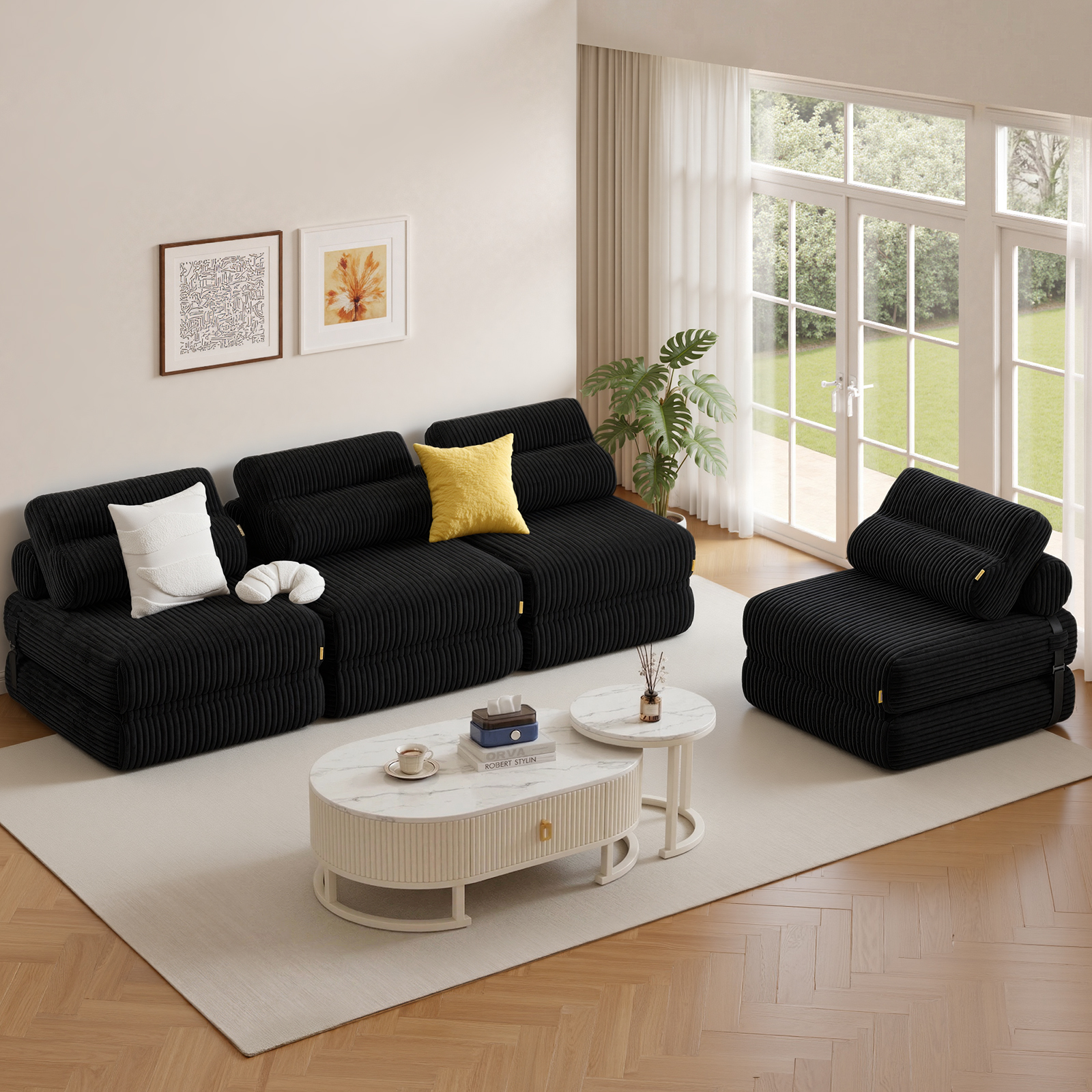 Pinmoco Folding Sofa Bed, Corduroy Convertible, Black photo 8