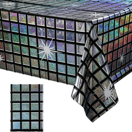 1 Pack Disco Tablecloth Party D rations, Shiny Iridescent Disposable Laser Rectangle Table Covers, Silver Plastic Table Cloth for 70s Disco Birthday Theme Party D rations, 39 x 108Inch