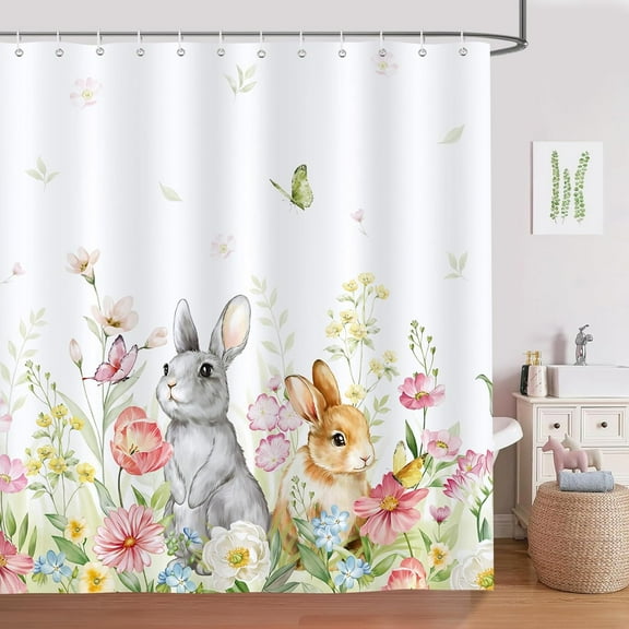 Spring Easter Bunny Shower Curtain Cute Rabbits Floral Plant Decorative Bath Curtain 72 x 72 Inch Polyester Fabric Waterproof Bathroom Curtain with 12 Hooks